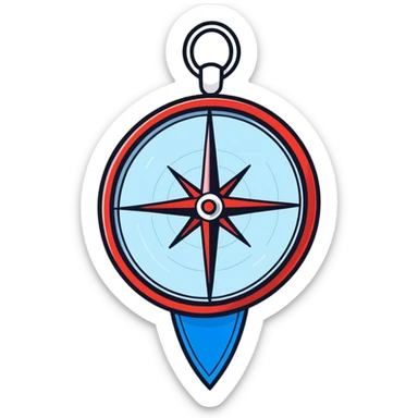 iOS compass with blue and red north/south markers hanging by a white ribbon sticker