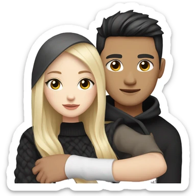 Blonde girl with blue eyes in black sweater and an east asian with light skin man with black hair and black eyes hugging sticker