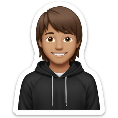 20 yr old man, brown hair, straight, big smile, white teeth, tanned skin, bangs, black hooded sweatshirt, long hair in back, middle parted bangs sticker