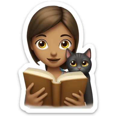a girl reading a book and a cat sticker