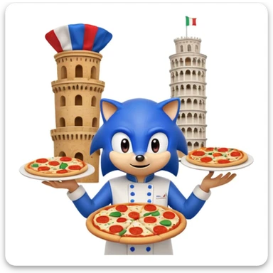 Humorous Sonic the Hedgehog in Italian chef outfit, holding pizza and spaghetti, surrounded by chaotic Italian symbols including Pisa, flags, pasta, red-checkered tablecloth, exaggerated and colorful, emoji style sticker