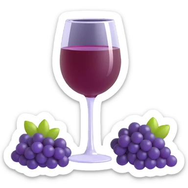 3D emoji style, red wine glass with dark purple grapes beside it, Korean text '레드와인' at the bottom, no background sticker