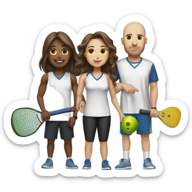 4 Caucasian people playing pickleball with 1 tall bald male, 1 shorter brown hair male, 1 girl with long brown hair, 1 girl  with brown hair sticker