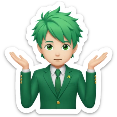 deku : boy anmie green hair green eyes in a ua suit with frenkles sticker