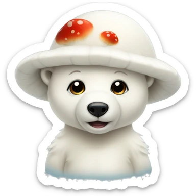 A baby polar bear with a mushroom hat sticker