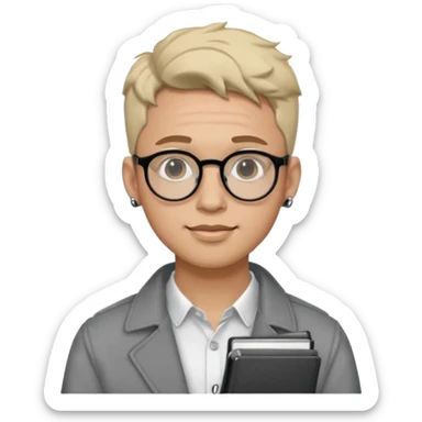 A man in his 20s wearing an apnotebook, wearing radio earrings, round glasses, achromatic clothes sticker