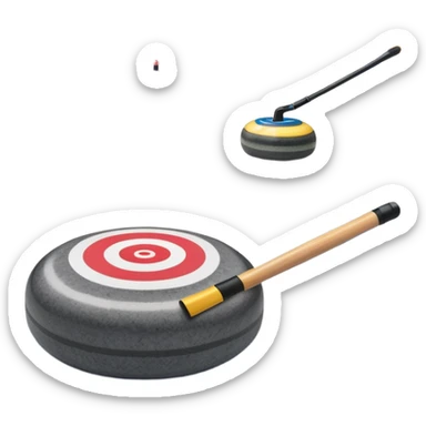 An icon featuring a curling stone in the foreground on an ice sheet with marked target circles. A curling broom rests nearby. In the background, a grand indoor stadium with bright lights and cheering fans. The ice reflects the vibrant colors of the surroundings. Transparent background. sticker