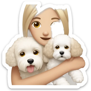 Girl with light brown medium length hair with brown eyes cuddling with her white Bichon frise with short hair sticker