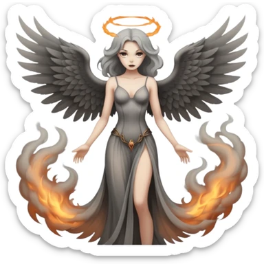 Winged woman standing motionless in smoke, restrained lust, infernal elegance sticker