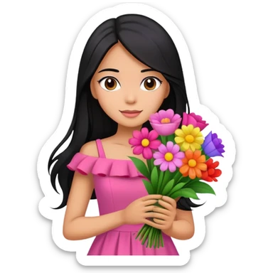 beautiful girl with long black hair wearing pink dress holding a colorful bouquet of flowers sticker