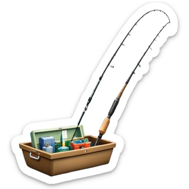 Icon for Fishing Travel: a boat on a calm lake surrounded by mountains and lush greenery, with fish jumping out of the water, a fishing rod, tackle box. The icon should capture the peaceful and adventurous nature of fishing trips. Transparent background. sticker