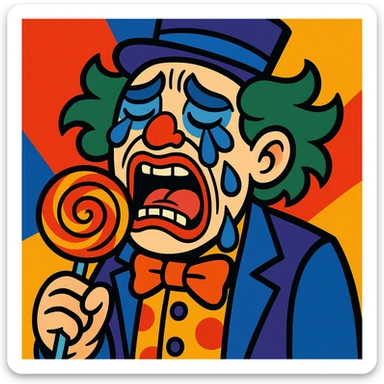 joker character crying and eating a lollipop, expressive, detailed, vibrant colors sticker