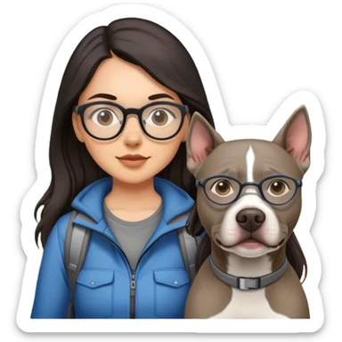 Girl with long dark hair and glasses hiking with grey pitbull sticker