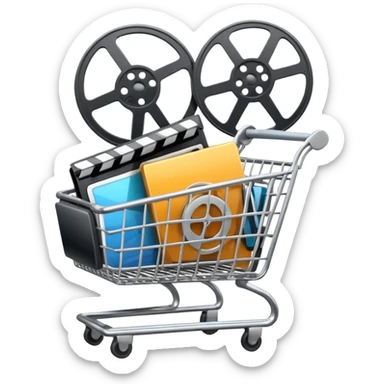 shopping cart filled with video player icons and a film reel sticker
