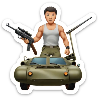 Icon for Action Movie: A vintage movie poster-style design featuring intense action scenes with explosions, weapons, and dramatic poses of Stallone. Include cars and helicopters flying out of flames in the background. Bold typography and retro cinematic style. Transparent background. sticker