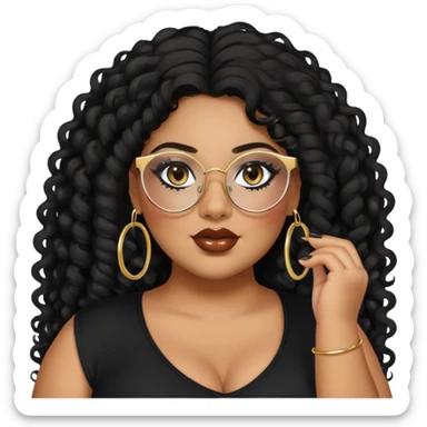 big plus size, latina, darker tan skin, gold hoops, long black curly hair, baddie,pretty, makeup, lipgloss, black eyeliner, long hair, black top, black glasses sticker