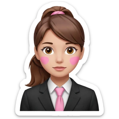 girl with brown hair in a ponytail in the middle with pink blush on her face and a suit sticker