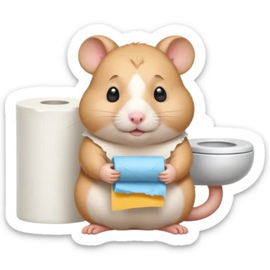 Cute chubby cartoon-style hamster sitting on toilet holding toilet paper looking as if he had an accident, sticker-style illustration sticker