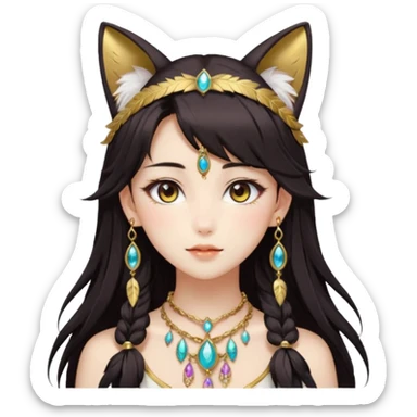 Beautiful gorgeous anime lady with beautiful dark-brown-special-hair, fashion aesthetic, ethereal, feather, accessories, gold jewelries, gold, colorful, feline ears sticker