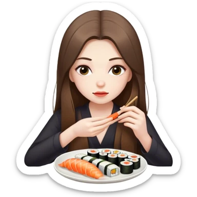 pale brunette girl with long looking down eating sushi sticker
