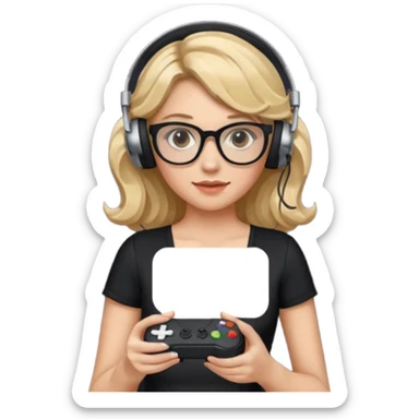 
gamer, woman with blond wavy hair, tight black dress with a white line with glasses, headphone, gamepad sticker