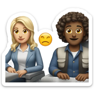 Two white people one male one female sitting in an airplane sticker