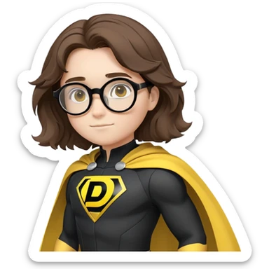 Типаж: молодой студенческий супергерой

Волосы: мягкие, волнистые, каштановые

Очки: большие, круглые/овальные, чёрные

Эмоции: ясные, тёплые, выразительные (никогда нейтральные)

Костюм: матовый чёрный с плавными жёлтыми линиями вдоль корпуса и рук

Плащ: ярко-жёлтый, с лёгкой динамикой

Эмблема: буква "D" на груди (интегрирована в ткань), на поясе — круглый символ

Пропорции: мультяшные, округлые, НЕ реалистичные и НЕ чиби

Стиль: Pixar-like 3D, тёплый свет, мягкие тени, объём
 sticker