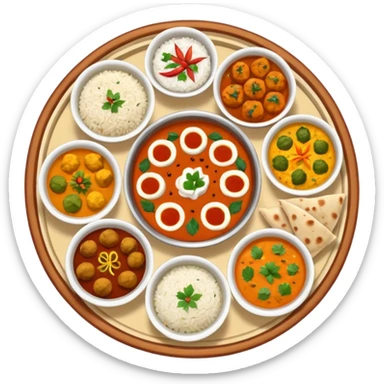 Indian thali platter with multiple small bowls of curries, rice, naan, and dessert sticker