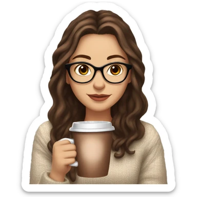 White girl with long brown hair and wearing glasses brown eyes and long lashes drinking hot cocoa with both hands looking cozy sticker
