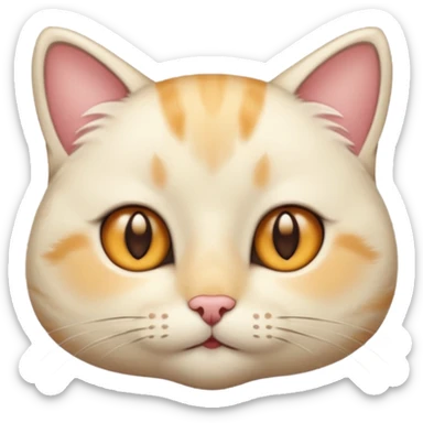 Cream cat face with short hairs, brown eyes and a neck sticker