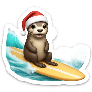 A otter wearing a Santa hat on a surf board sticker