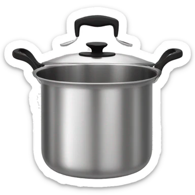 Stainless steel pot with black handlers, food inside, no cover sticker