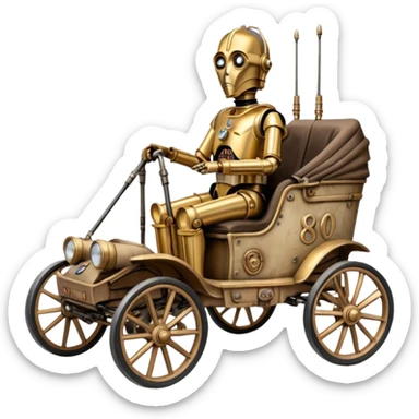 Old American West tarnished C-3PO policeman in 1864 delicately ornate rosegold accents painted buggy powered by electric motors and batteries with safety features and belts flying across rough terrain  sticker