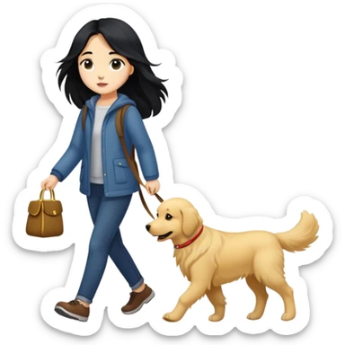 Long black hair - girl walking with a golden retriever sticker