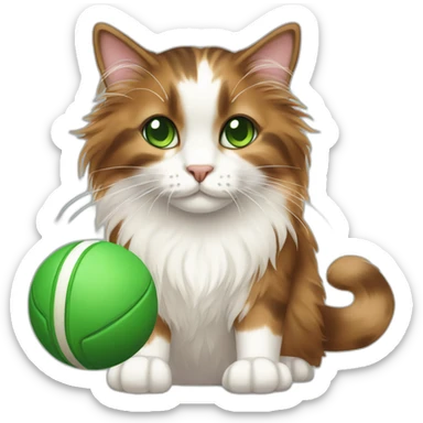 longhaired brown and white calico cat with green eyes playing with ball sticker