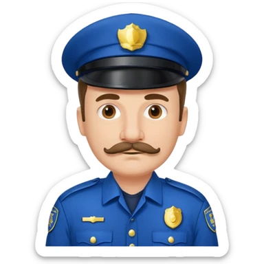 Middle-aged, male,solemn, mustache, police uniform in blue sticker