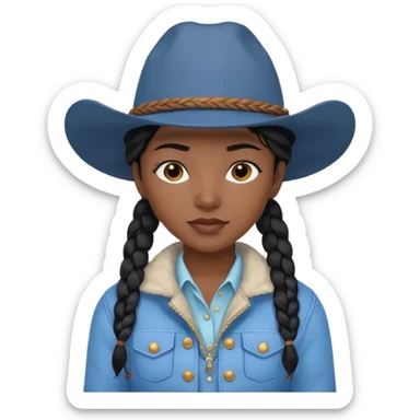 Black hair cowgirl with black skin, two braids and soft blue hat and jacket  sticker