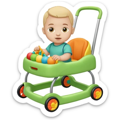 green baby walker with toys on it and on baby sticker