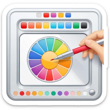 digital screen showing a basic logo being edited, with vector handles and a color palette sticker