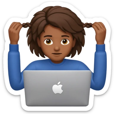 crazy student with laptop, pulling at hair, apple style emoji sticker