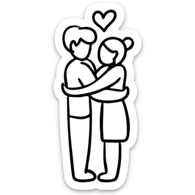 Hand drawn sketch of two people hugging with a heart, "Iubind pe cineva" sticker
