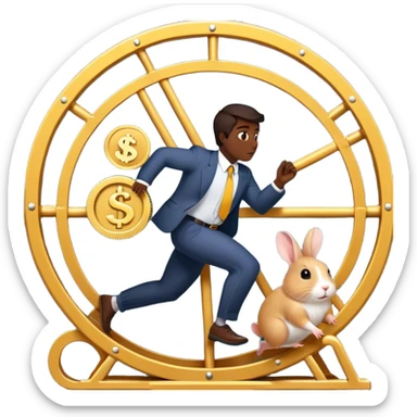 Create an emoji of a tired, overworked entrepreneur running on a hamster wheel while chasing a small, golden rabbit holding a dollar sign. The entrepreneur has dark circles under their eyes, looks exhausted, and is sweating from constant chasing. The hamster wheel represents the endless struggle, while the rabbit symbolizes unattainable financial success. The style should be simple, expressive, and easily recognizable as an emoji
 sticker