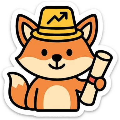 An icon of a smiling fox with a marketing hat, holding a diploma, representing clever marketing. sticker