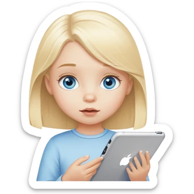 little blue eyed blonde girl eating a ipad sticker