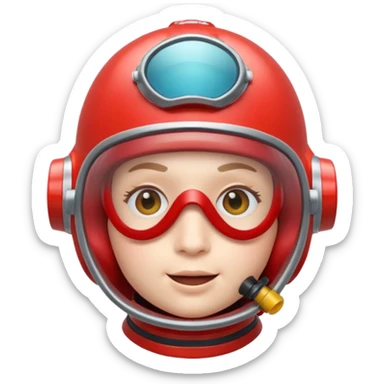 3D cartoon-style human character in the Apple emoji style, wearing a red diving helmet with glass visor sticker