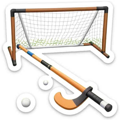 field hockey stick and ball on green grass field with goalposts sticker