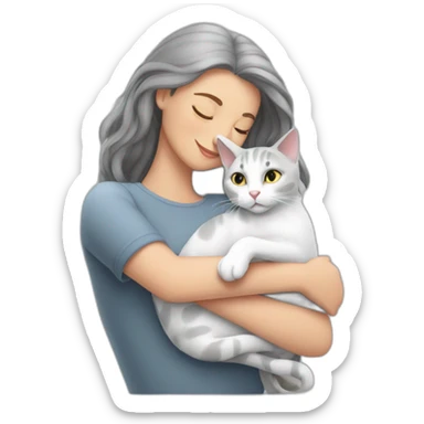 White grey cat cuddling brunnete lady sticker