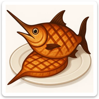 Add a prominent sword-like bill to the cooked swordfish, emoji style. Keep the cooked look and plate if present, no garnish. sticker