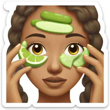 Girl with freackles Brown hair and white skin wears skin care mask Thats Green her eyes closed and two pickle round on it  sticker