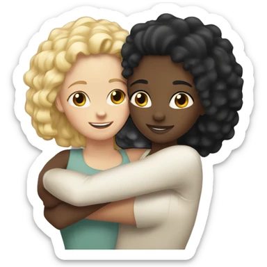 Black girl with straight black hair hugging a white girl with curly blonde hair sticker